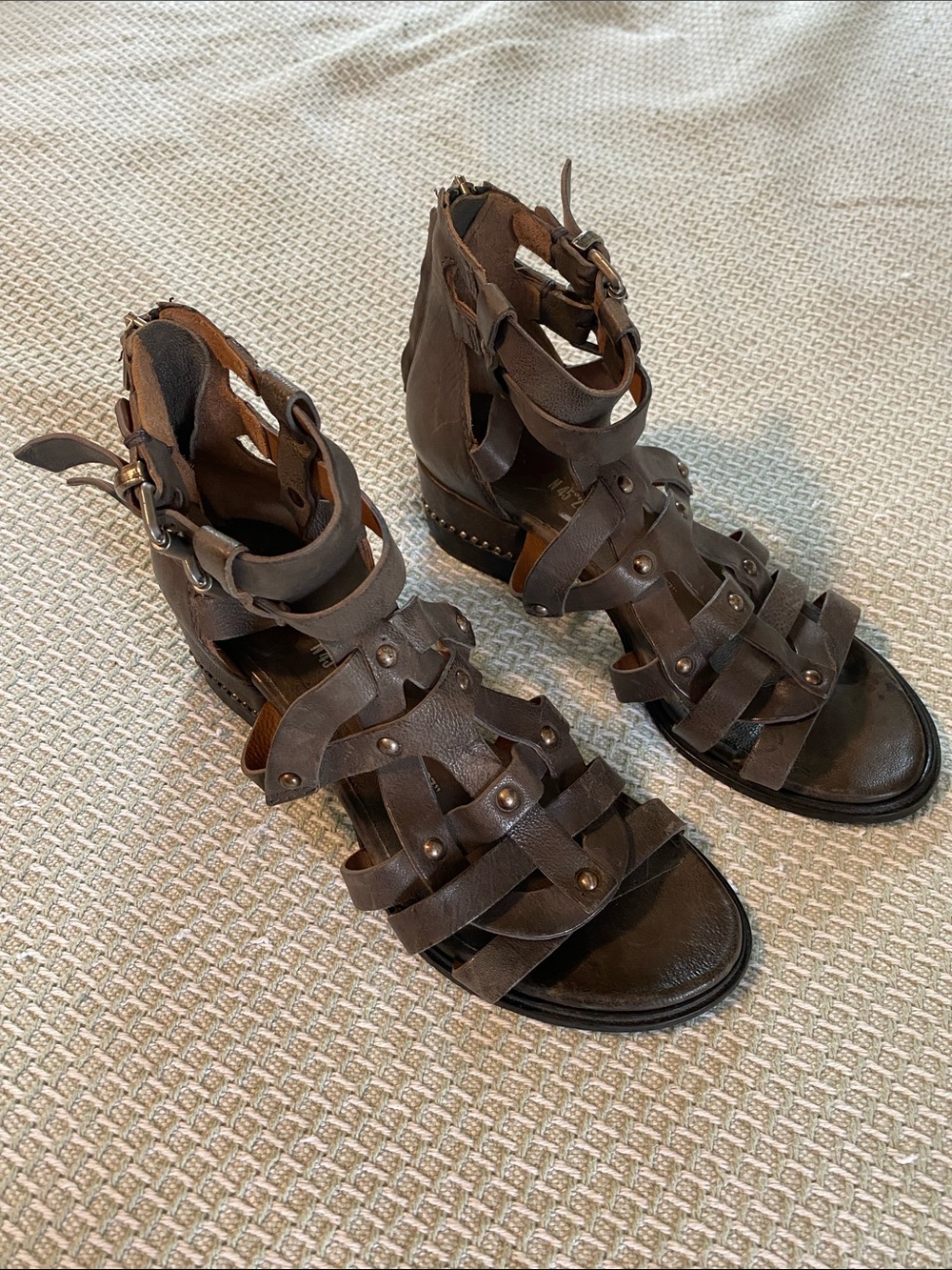 A.S.98 Brown Leather Gladiator Sandals with Stud Accents